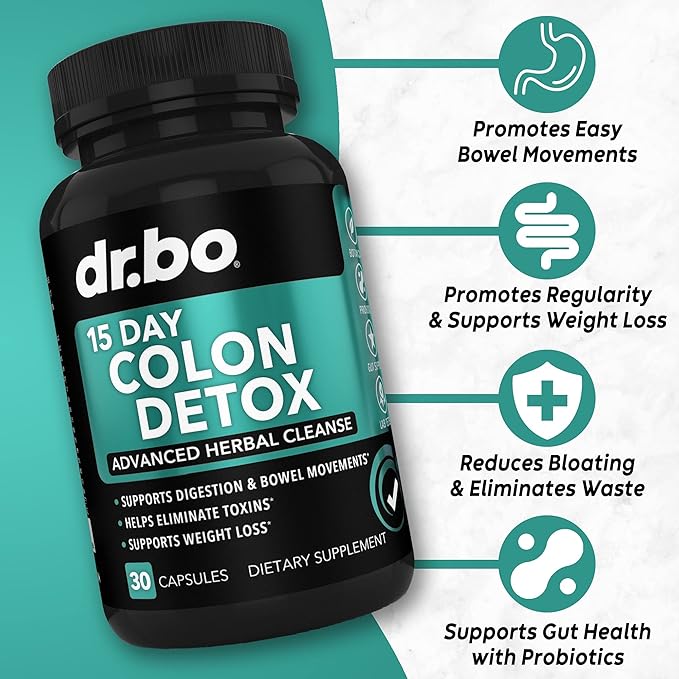 DR. BO Adrenal Support &amp Colon Cleanse Supplements - Adrenal Fatigue Supplement with Ashwagandha &amp L Tyrosine - 15 Day Intestinal Cleanse Pills for Bowel Movement Support &amp Gut Stomach Cle