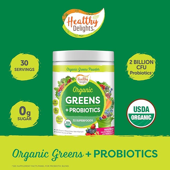 Healthy Delights Naturals - Organic Greens + Probiotics Powder - Naturally Boost Energy - USDA Organic - Delicious Berry Flavored - 30 Servings