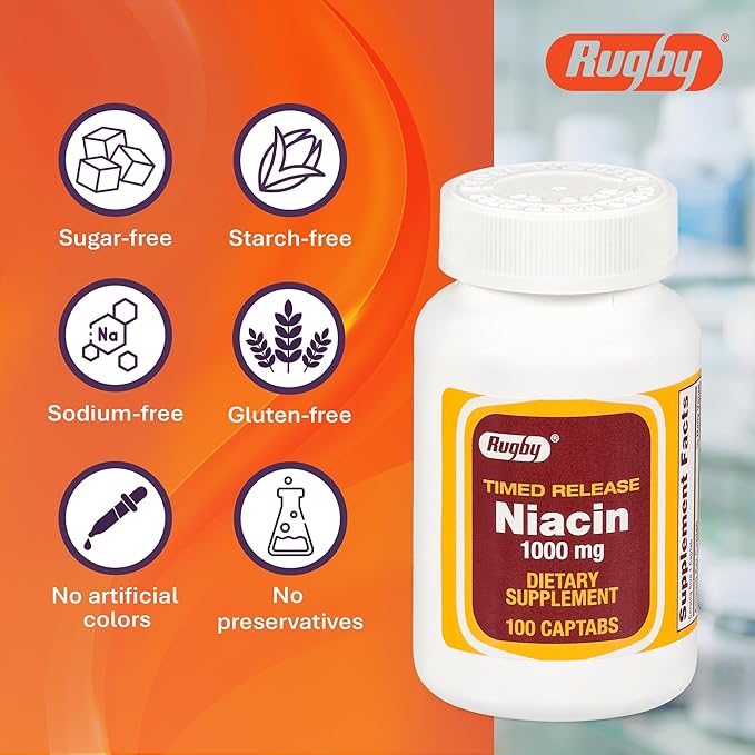 Rugby Timed-Release Niacin 1000mg Dietary Supplement for Adults for Energy Circulation and Metabolism Support 100 Captabs (Pack of 3)