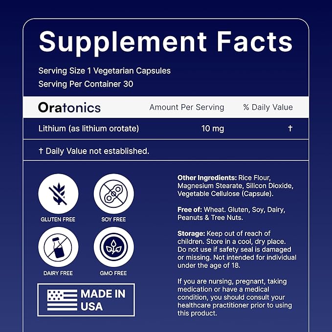 Lithium Orotate 10mg – Trace Mineral Lithium Supplement for Daily Balance &amp Cognitive Clarity – Low-Dose Highly Absorbable Formula – Vegan Non-GMO Capsules – 30 Count