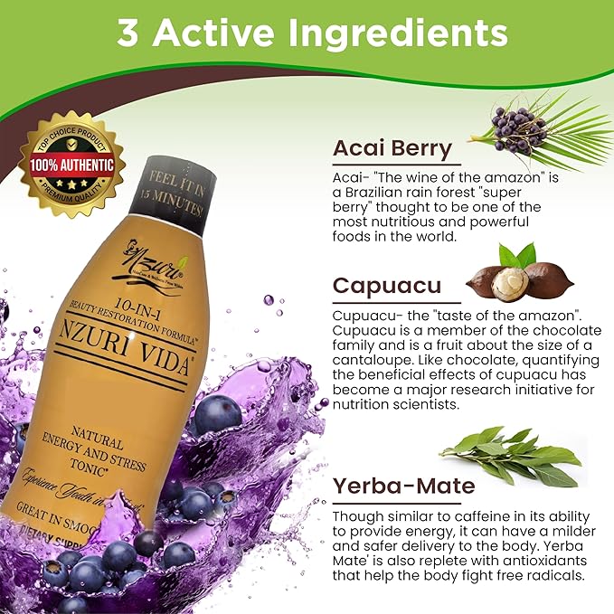 Nzuri Vida All-Natural Energy &amp Stress Support Tonic 10-in-1 Total Body Restoration Drink with Acai Berry Cupuacu &amp Yerba Mate. Smooth Energy Calm Focus Detox &amp Immune Support - 3 Bottl
