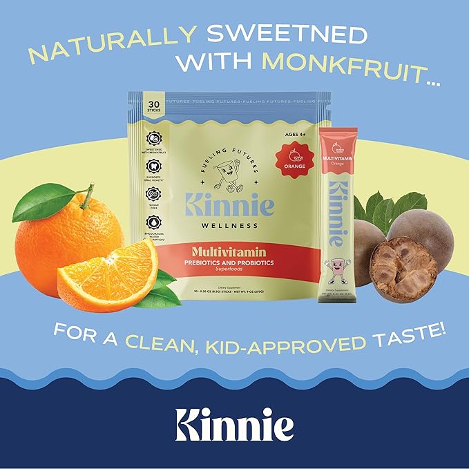 Kinnie Kids Multivitamin with Pre/Probiotic &amp Organic Superfoods for Kids - 22+ Vitamins &amp Minerals - Sugar-Free Orange Flavor - Immune Gut &amp Oral Health Support - Ages 4+ (30 Sticks)