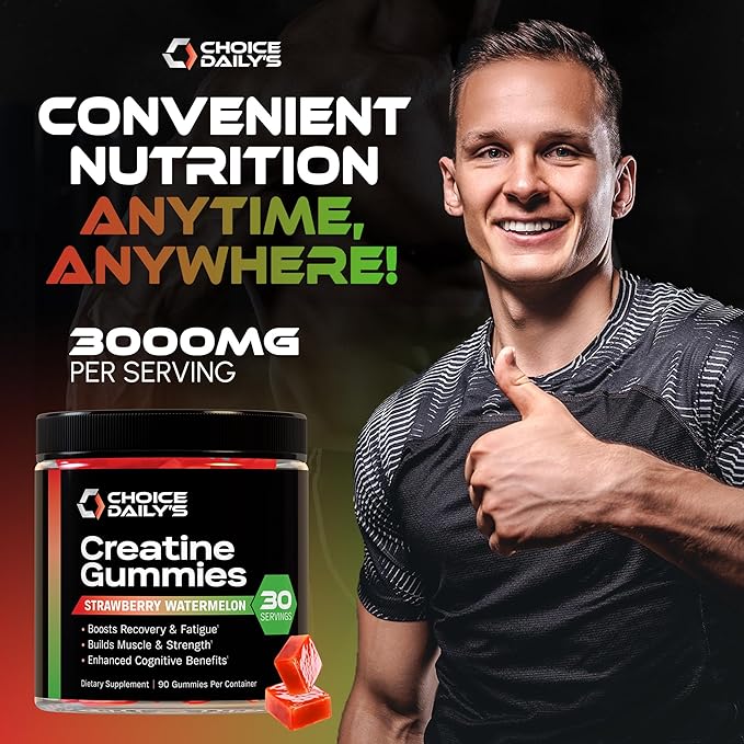 Creatine Gummies - 90 Vegan Friendly Chews - USA Made - Boosts Recovery - Builds Muscle - Enhanced Cognitive Benefits (Large Strawberry Watermelon)