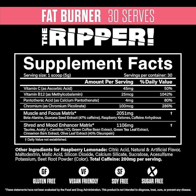 JNX SPORTS The Ripper! Fat Burner for Men &amp Women – Shredding Thermogenic Fat Burner Pre-Workout &amp Appetite Suppressant –Raspberry Lemonade 30 Servings