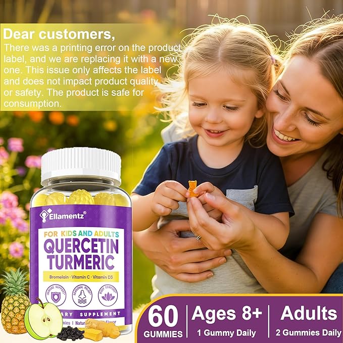 ELLAMENIZ Quercetin Gummies 1000mg for Kids &amp Adults with Bromelain and Turmeric Black Pepper Extract Vitamin C Zinc &amp D3 –Seasonal &amp Immune Health Antioxidant Support – Family Friendly