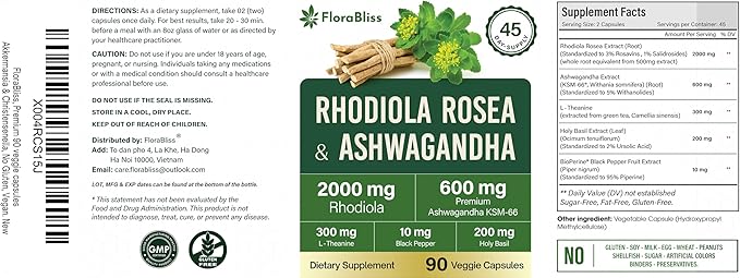 FloraBliss Rhodiola Rosea with Ashwagandha KSM-66 L-Theanine Holy Basil &amp Black Pepper - 90 High Potency Vegan Capsules - 45-Day Supply