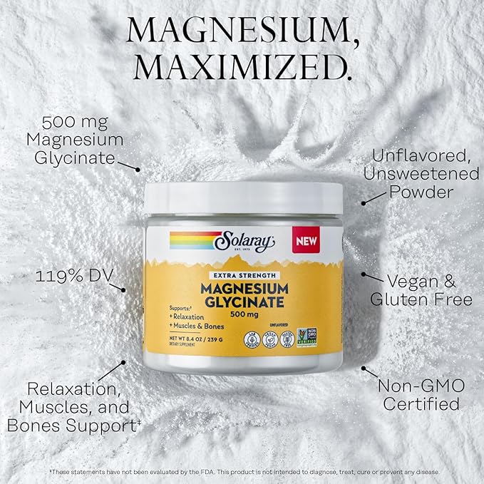 SOLARAY Magnesium Glycinate 500mg Powder - Extra Strength Unflavored Magnesium Supplement for Bone Muscle and Relaxation Support - Vegan Gluten Free Non-GMO 60-Day Guarantee - 30 Servings 8.4 OZ