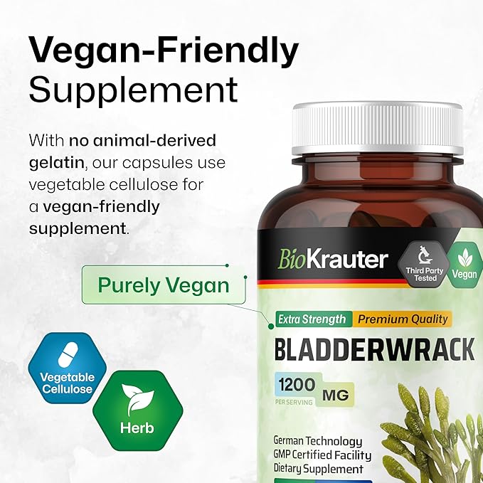 BIO KRAUTER® Bladderwrack for Thyroid Support - Vegan Iodine Supplement 1200 mg per Serving - Bladderwrack 100 Capsules 50 Days of Supply Non-GMO - Natural Seaweed Supplement