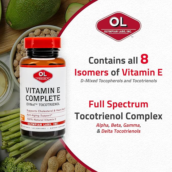 Olympian Labs Vitamin E Complete Tocomin 200IU 60 Softgels Fight Free Radicals Supports Brain Skin &amp Hair 60 Servings