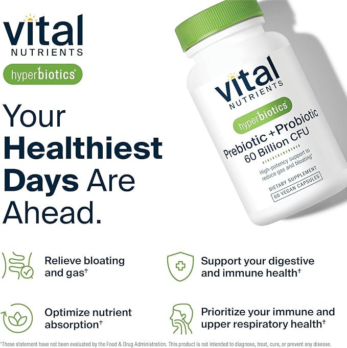 Hyperbiotics Vital Nutrients Prebiotic and Probiotic for Women and Men | 60 Billion CFU | Pre and Probiotics Supports Digestive Health Constipation Diarrhea Gas &amp Bloating | 60 Vegan Capsules