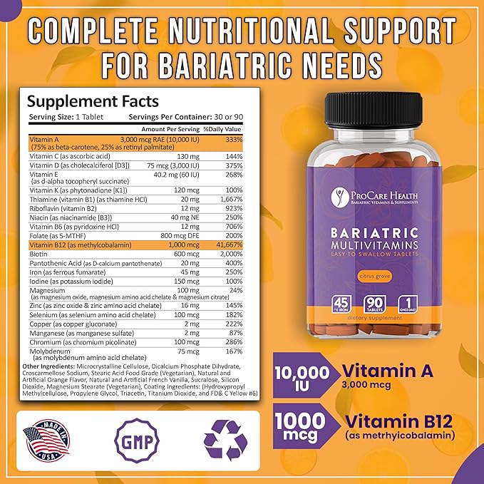 ProCare Health Bariatric Multivitamin with Iron 45mg (90 Easy to Swallow Tablets) - Post Op Bariatric Vitamins for Gastric Bypass Pills for Sleeve Patients Sustains Recovery &amp Energy (3 Month Sup