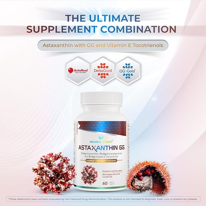 WELLNESS EXTRACT Astaxanthin 12mg Supplement – AstaREAL™ Astaxanthin with GG-Gold® Geranylgeraniol &amp DeltaGold® Tocotrienols Powerful Antioxidants for Eye Skin &amp Heart Health Support – 60 So