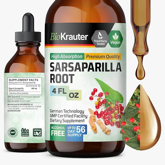 BIO KRAUTER® Sarsaparilla Root for Liver Support - Vegan &amp Pure Liver Supplement for Cleanse 680 mg per Serving - Natural Sarsaparilla Extract - 4 Fl.Oz 56-Day Supply Alcohol &amp Sugar Free