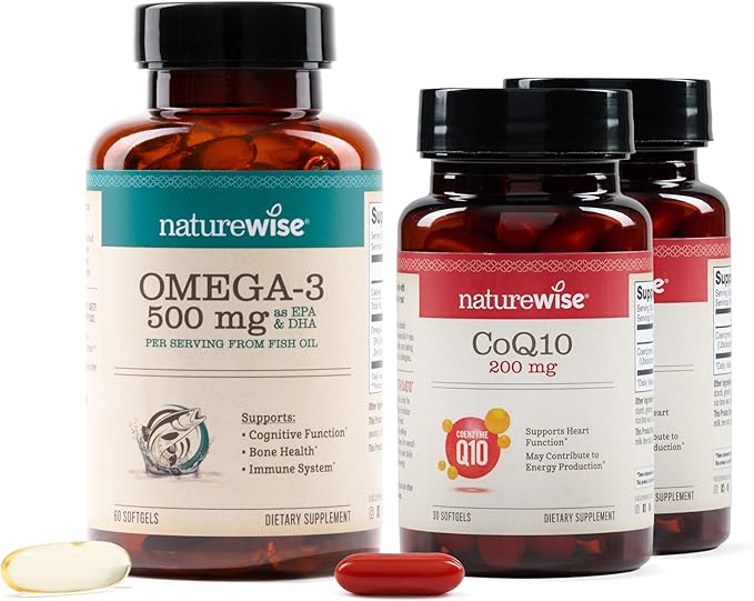 NatureWise [1] Omega 3 Fish Oil - 500 mg - Wild-Caught Non-GMO - 60 Softgels[2-Month Supply] + (Pack of 2) CoQ10 200mg - High Potency Ubiquinone Non-GMO - 30 Softgels[30-Day Supply]