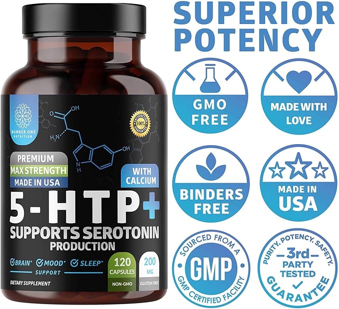 N1N Premium 5-HTP 200mg Plus Calcium Made from Griffonia Seed Extract Non GMO and Gluten Free 120 Caps (Pack of 2)