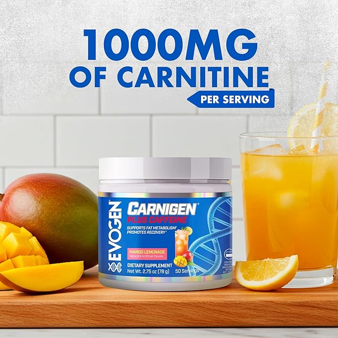 Evogen Carnigen Plus Caffeine - Premium Carnitine Powder | Supports Fat Metabolism &amp Promotes Recovery | L Carnitine Supplement Matrix with Caffeine &amp Acetyl L-Carnitine | Mango Lemonade | 50