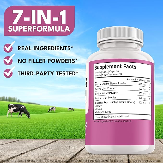NEW AGE Beef Organ Supplement for Women - Beef Liver Kidney Heart and Uterus Tissue Supports Women's Overall Energy and Health - Pasture Raised Grass Fed - No Fillers - 60 Capsules
