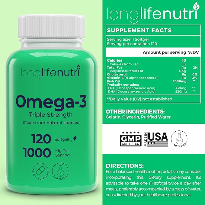 LongLifeNutri Omega-3 Fish Oil 1000 mg &amp Vitamin K2 MK-7 100 mcg Bundle – 120 Softgels + 120 Veg Capsules 4 Month Supply High EPA/DHA Omegas &amp Bone Support Non-GMO GMP Certified Made in U