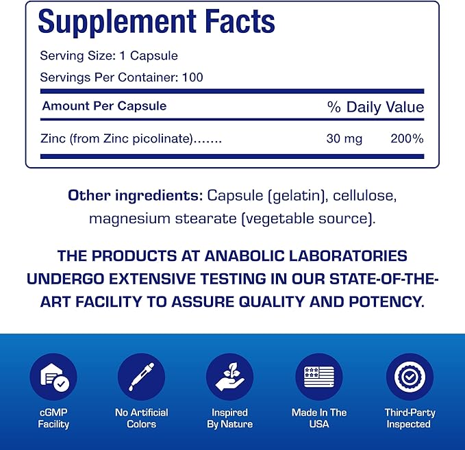 Chelated Zinc Picolinate 30mg - Clinically Formulated High Potency Zinc Supplement for Women &amp Men for Healthy Skin Bone &amp Immune System Support - Vegan Non-GMO &amp Easy to Swallow - 100 Ser