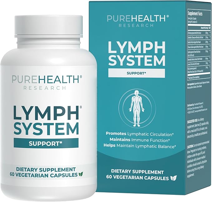 PUREHEALTH RESEARCH Lymph System Support - Lymphatic Drainage Supplement for Women &amp Men - Bromelain Echinacea Dandelion Burdock Root Lemon Powder Kelp Cleavers &amp More - 60 Capsules
