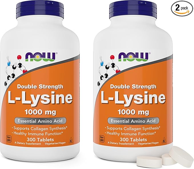 NOW Foods L-Lysine 1000mg - Double Strength - 300 Tablets (Pack of 2) - Non-GMO Amino Acid Supplement (Llysine Hydrochloride)- 1000 mg Tabs - Vegan/Vegetarian