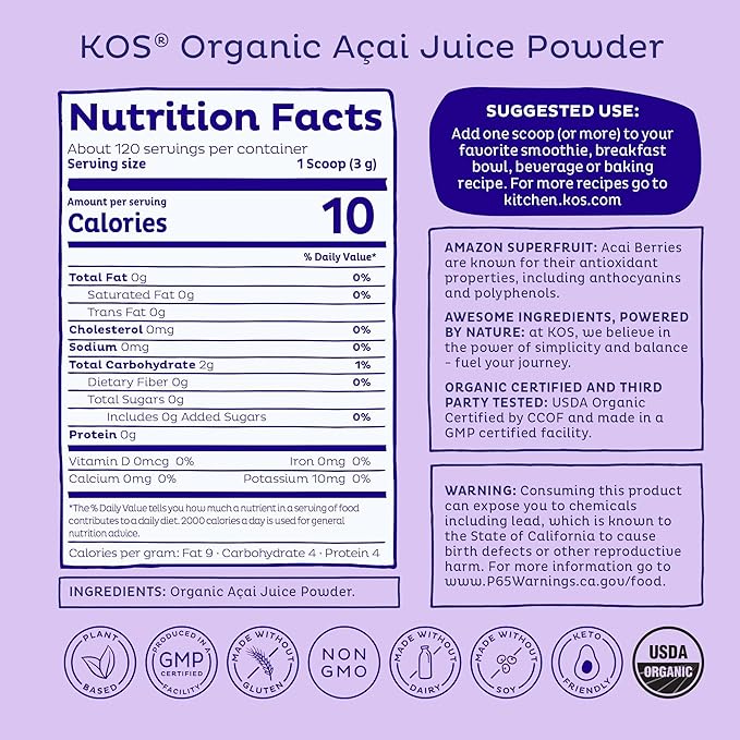 KOS Organic Acai Juice Powder - USDA Certified Organic Plant Based Superfood Antioxidants Superberry from Brazil Great for Smoothies and Bowls 0g Sugar Vegan Gluten-Free Non-GMO - 120 Servings