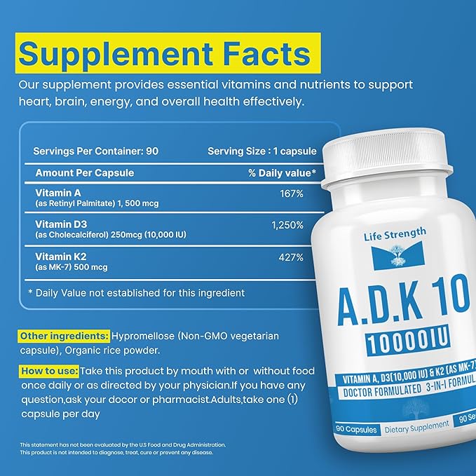 ADK 10 Supplement (180 Count) - Physician Formulated Vitamins A1 D3 &amp K2 (as MK7) for Bone Health - Immune System Support - Gluten Free Soy Free Non-GMO - 90 Capsules