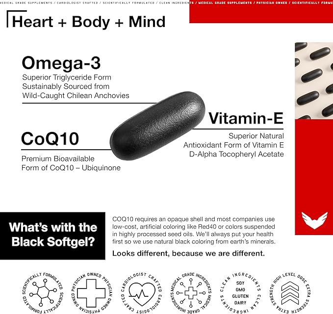 High Level Science CoQ10 Omega-3 Vitamin E - Cardiologist Formulated for Heart + Body + Mind Health with DHA/EPA Antioxidant for Energy Superior Bioavailable Fish Oil - Gluten Free (2)