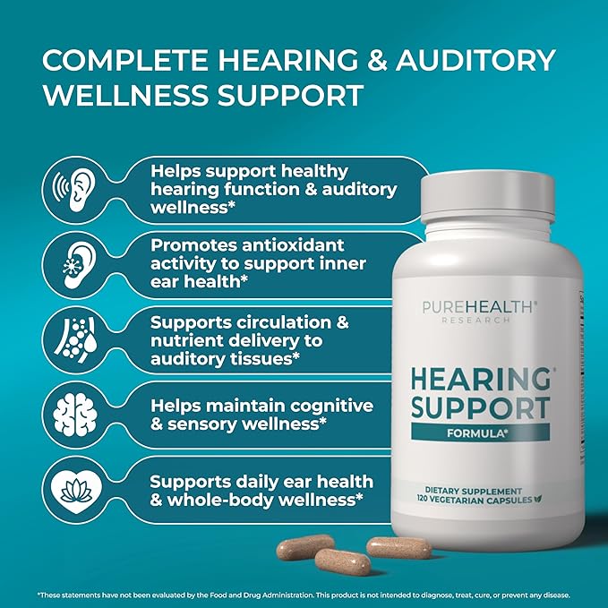 PUREHEALTH RESEARCH Hearing Support Forumla - Ear Health Supplement - Calm Ear Support &amp Auditory Health - with Ginkgo Biloba Green Tea Extract Acetyl L-Carnitine L-Cysteine &amp More - 120 Ca