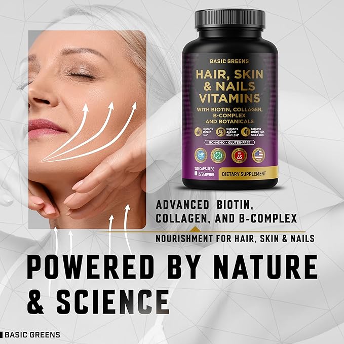 Hair Skin &amp Nails Vitamins with Biotin 10000 mcg Collagen B-Complex &amp Botanicals – Supports Healthy Hair Glowing Skin &amp Strong Nails – Non-GMO Gluten-Free – Made in USA – 120 Capsules