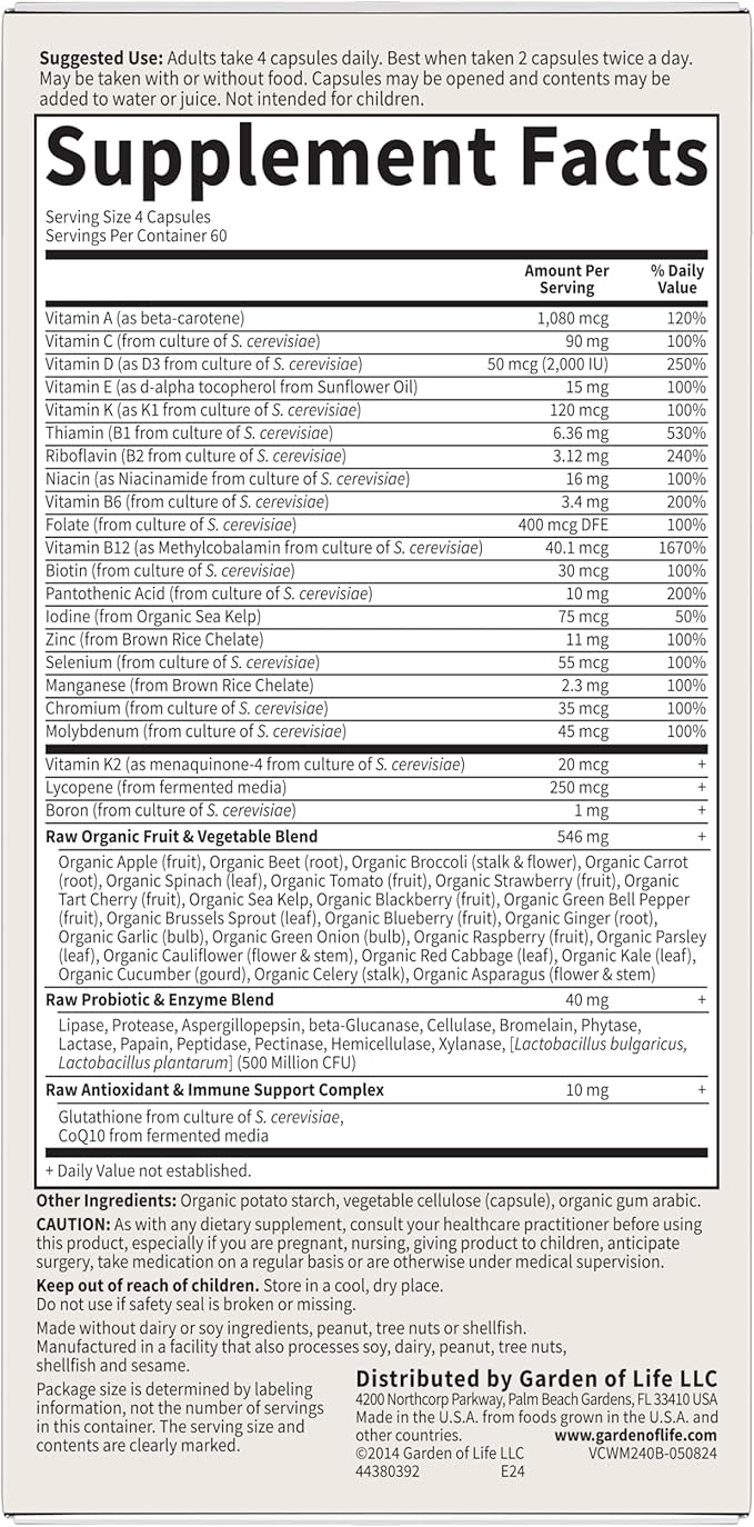 Garden of Life Multivitamin for Men - Vitamin Code 50 &amp Wiser Men's Raw Whole Food Vitamin Supplement with Probiotics Vegetarian 240 Capsules
