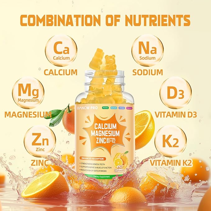 Calcium Magnesium Zinc Gummies with Vitamin D3 &amp K2 - High Potency Enhanced Absorption -120 Orange Gummies