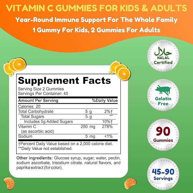 SHIFAA NUTRITION Vegan Vitamin C Gummies | 90 Gummies 250mg 45 Servings | Non-GMO | Gluten-Free Gelatin-Free | Immune Support Gummy &amp Seasonal Support for Kids &amp Adults Halal Vitamins