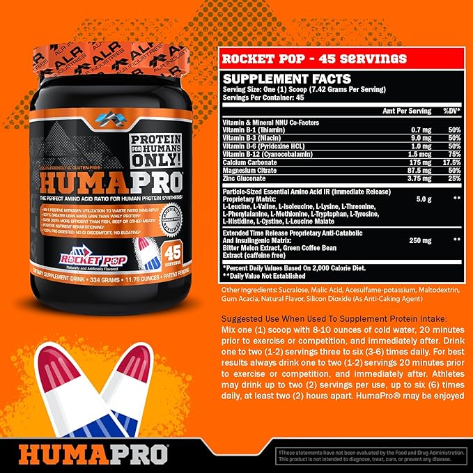 ALR Industries HumaPro Essential Amino Acid Formula | EAA Protein Supplement | Supports Muscle Recovery &amp Performance | Vegan Gluten Free | | 45 Servings (Rocket Pop)