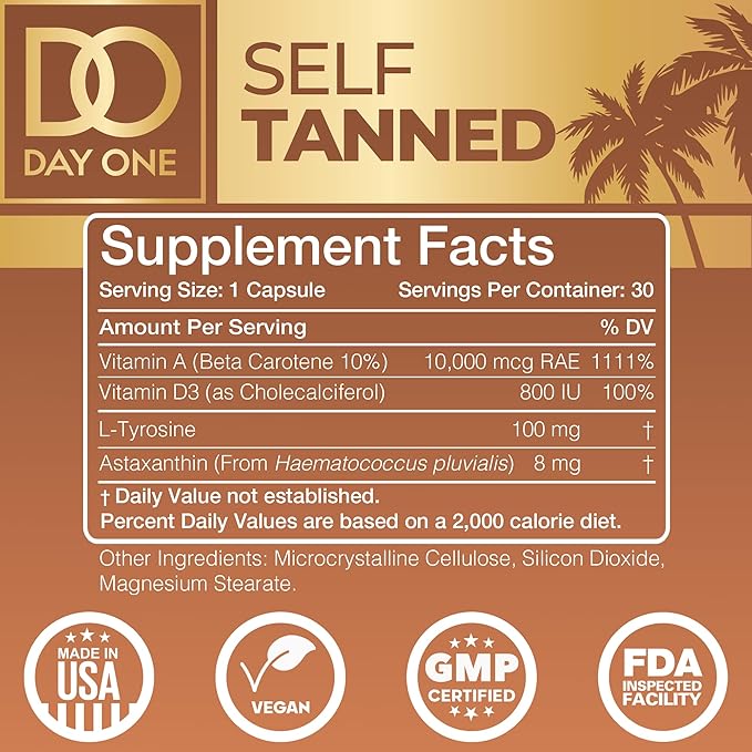 Self Tanned - Smart &amp Safe Tanning Supplement for Women and Men | Natural Astaxanthin L-Tyrosine Beta-Carotene &amp Vitamin D | Radiant Glow – Supports Skin Health | 30 Veggie Capsules
