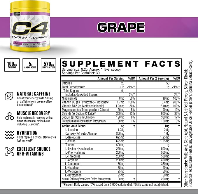 C4 Energy + Aminos Powder 5g BCAAs &amp EAAs for Muscle Recovery 3 Electrolytes for Hydration 100mg Natural Caffeine Pre Workout Zero Sugar 30 Servings Grape