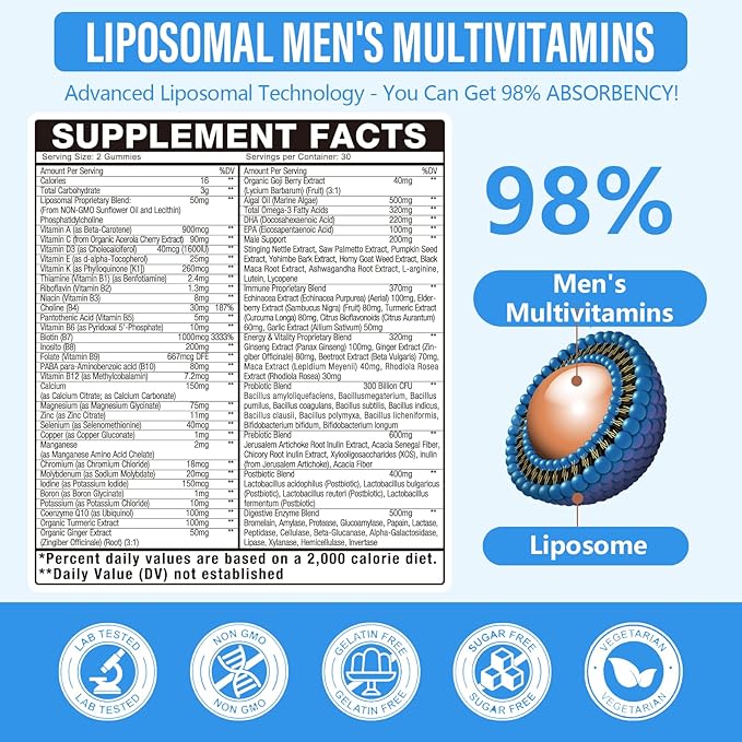 2 Pack 60-IN-1 Liposomal Methylated Multivitamin Gummy for Men Overall 4500MG+Vitamin A C D3 K E B Complex ProbioticsOmega 3CoQ10Zinc120+ Nutrientsfor ImmuneHeart and Digestive Wellness