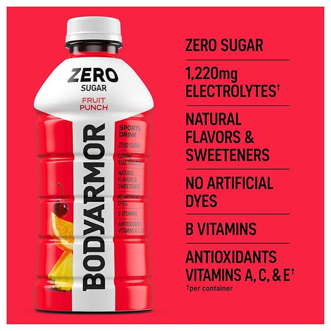 BODYARMOR ZERO Sugar Fruit Punch Sugar Free Sports Drink - Low-Calorie Hydration - Natural Flavors with Potassium Packed Electrolytes Antioxidants and B-vitamins 28 fl oz (Pack of 15)