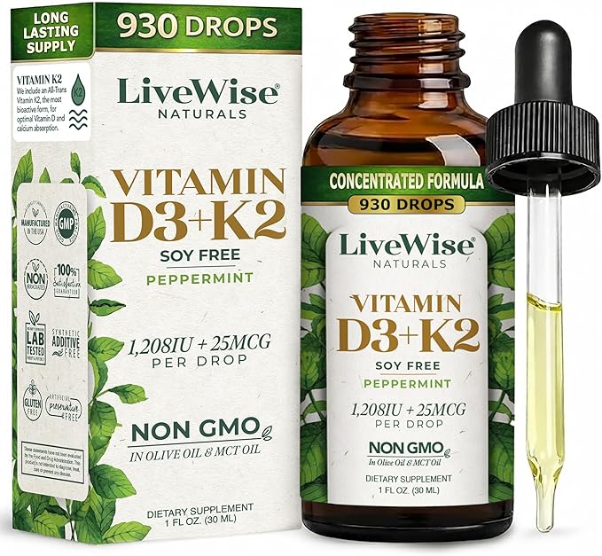 Live Wise Naturals Vitamin D3 K2 (MK-7) Peppermint Drops for Adults - 930 Drops Ultra Concentrated Formulation 1208 IU Vitamin D3 25 MCG - Precision Micro-Dosing Dropper for Calcium &amp Bone Supp