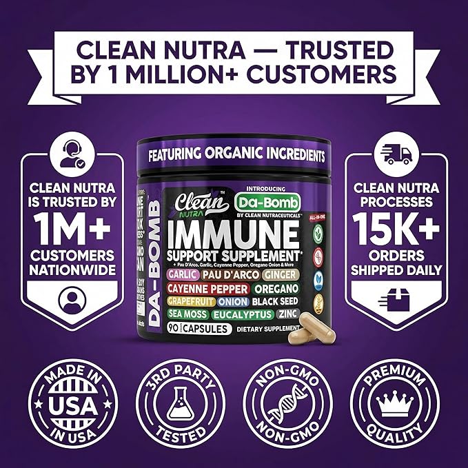 Organic Immune Support with PAU D'Arco Garlic Cayenne Pepper Oregano Ginger Grapefruit Onion Black Seed Sea Moss Black Pepper Zinc Eucalyptus Vitamin C Vitamin D Organic Soursop By Clean Nutra