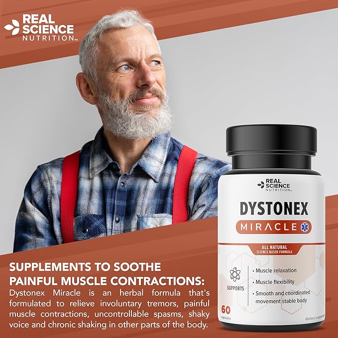 Real Science Dystonex - Dystonia Support Supplement for Tremors Muscle Contractions &amp Spasms – Muscle Relaxer Pills with Vinitrox &amp GABA for Nerve Support &amp Blood Circulation – Made in US