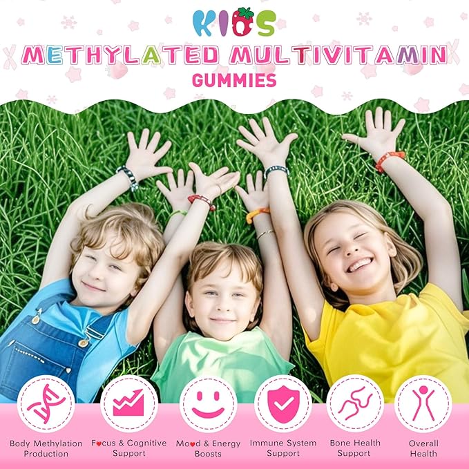Kids Methylated Multivitamin Chewable Gummies MTHFR Supplement with L Methylfolate Magnesium Biotin Choline Inositol DHA TMG &amp Coq 10 Immune &amp Brain Support Strawberry Flavor 60 Ct