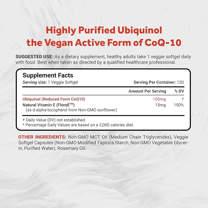 Naturalis Ubiquinol 100mg Active CoQ-10 Emulsified in MCT Oil for Better Absorption | Gluten Free Non-GMO &amp Soy-Free | Cardiovascular Wellness Antioxidant Protection and Healthy Skin*| 120 Soft