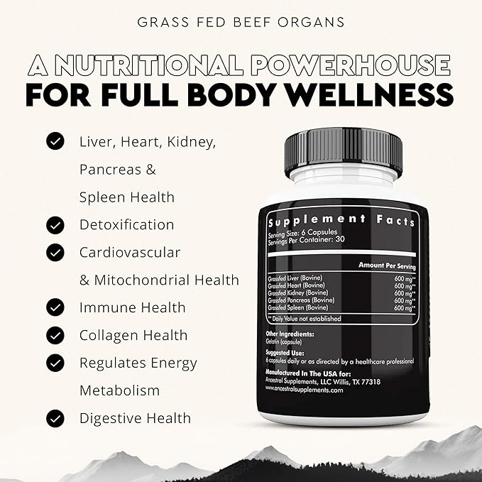 Ancestral Supplements Beef Organs &amp Colostrum Bundle – Supports Immunity Energy Digestion &amp Recovery – Grass Fed Pasture Raised Multivitamin with Liver Heart Kidney Pancreas Spleen &amp