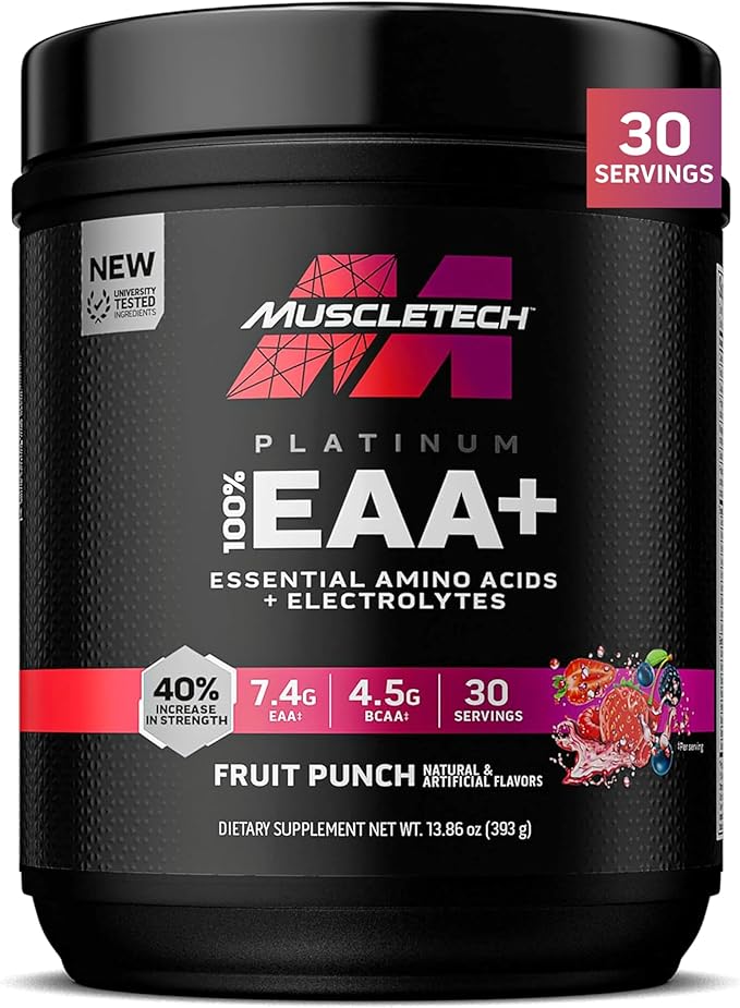 MuscleTech Platinum Essential Amino Acids Supplement with Electrolytes Fruit Punch - Pre-Workout Powder for Energy Muscle Growth &amp Strength Builder - EAA Complex for Men &amp Women - 30 Serving