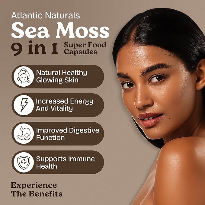 Atlantic Naturals Sea Moss Capsules – Irish Sea Moss with Black Seed Oil Ashwagandha Moringa Ginseng &amp Ginger for Energy Vitality &amp Wellness – Nutritional Supplement – Made in USA – 60 Cap