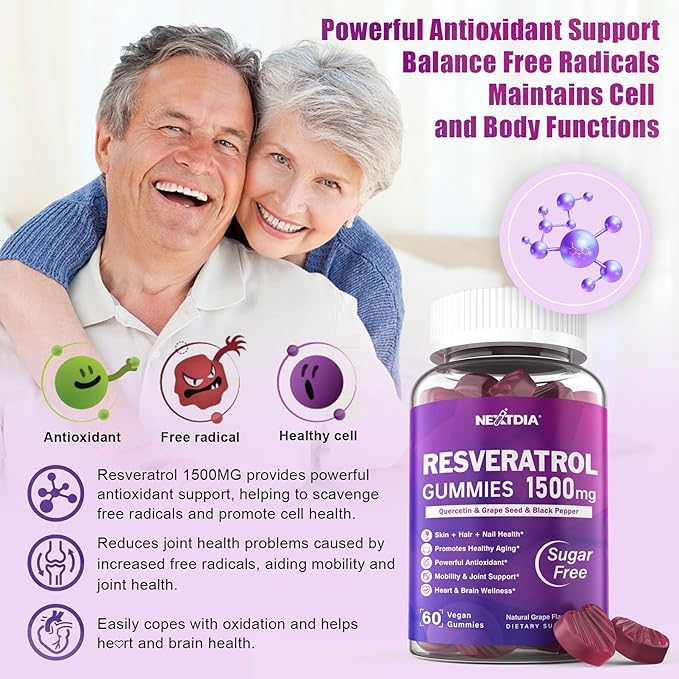 Sugar Free Resveratrol Gummies 1500mg + CoQ10 200mg 100mg Filled Gummies with Magnesium Support Healthy Aging &amp Longevity