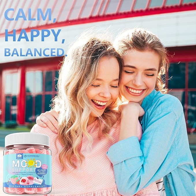 Ashwagandha Saffron Calm Gummies + Omega 3 L-Theanine &amp CoQ10 for Women Men Natural Calming Happy Relax Gummies for Adults Mood Support Supplement Gummy Strawberry Flavor Sugar Free Vegan 6