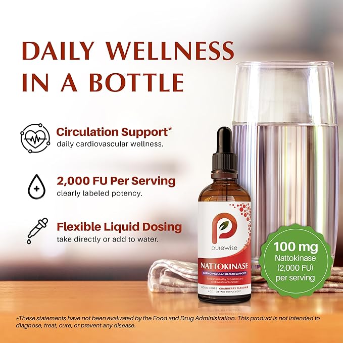 Nattokinase Liquid 2000 FU Supplement — High-Potency Circulation &amp Cardiovascular Support Cranberry Flavor Enhanced Bioavailability Drops — 4 fl oz
