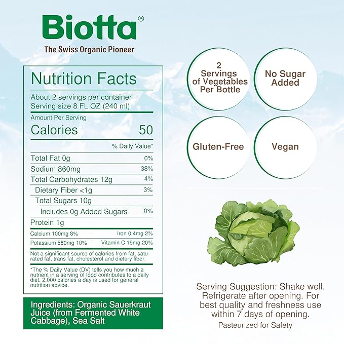 Biotta Organic Sauerkraut Juice - 100% Vegetable Juice for Energy Immunity &amp Wellness - Excellent Source of Nutrients - All Natural Non-GMO Gluten-Free (16.9 Fl Oz Pack of 6)